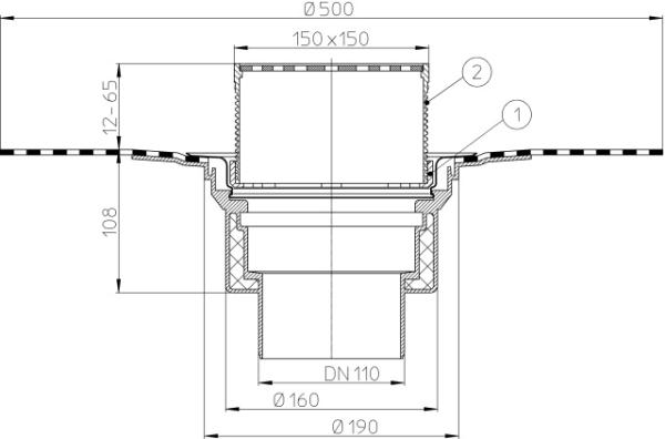 Dachablauf DN110 mit Bitumenmanschette. Begehbar - 148x148mm / 137x137mm  HL62BH/1